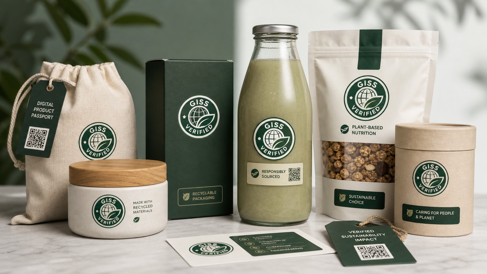 GISS VERIFIED sustainable product mockup with QR code and trust mark labels